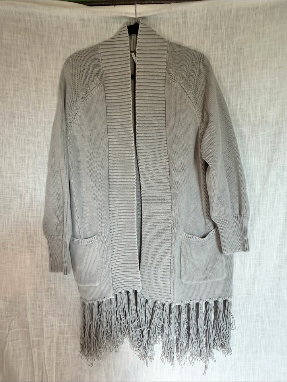 YFB Young Fabulous & Broke Chunky Fringe Shawl Collar Cardigan Grey Boho Large